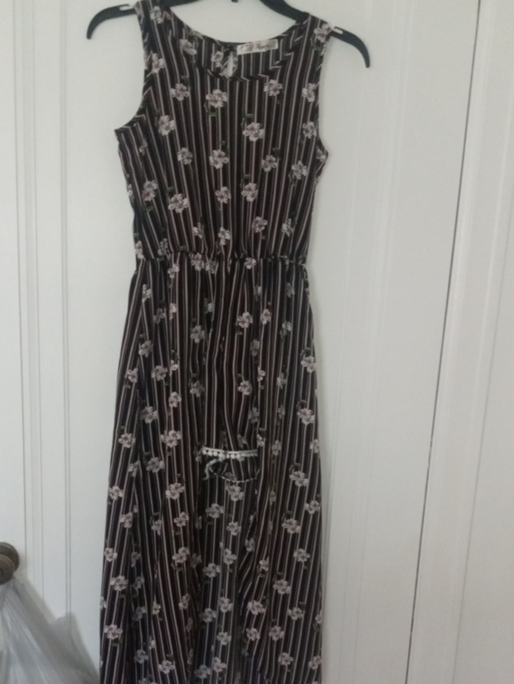 girl 12 black pink striped romper with flowers, shorts with skirt overlay